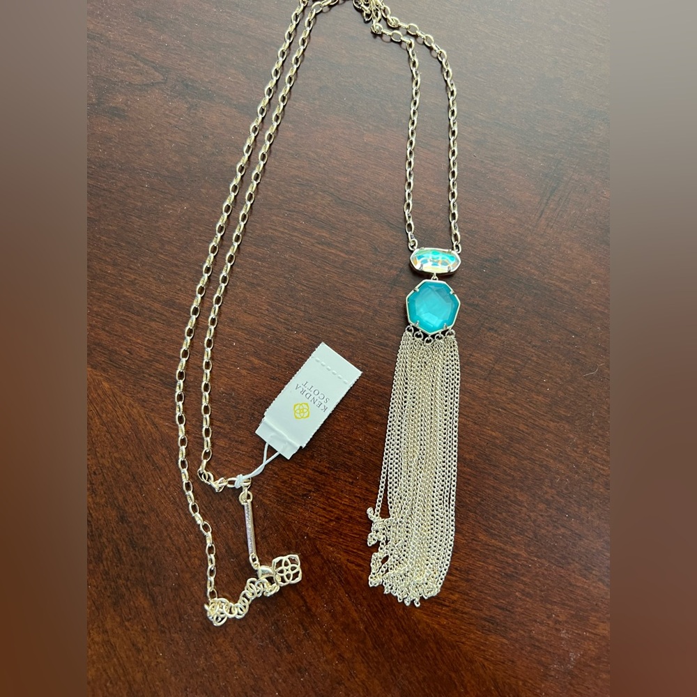 NWT Kendra Scott Tae Long Necklace Turquoise+Iridescent Stones Gold Tone Chain - Picture 6 of 8